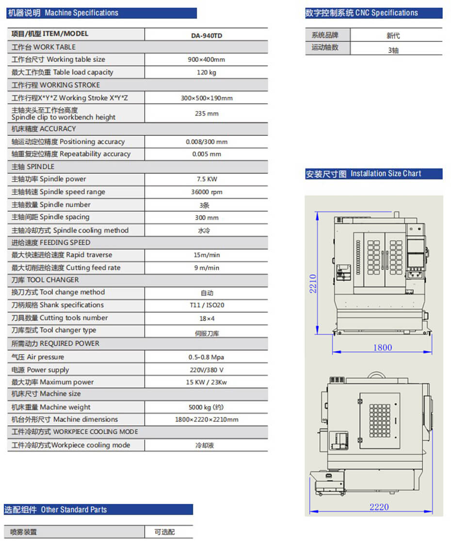 DA-940TD三頭刀庫(kù)精雕機(jī)規(guī)格參數(shù)